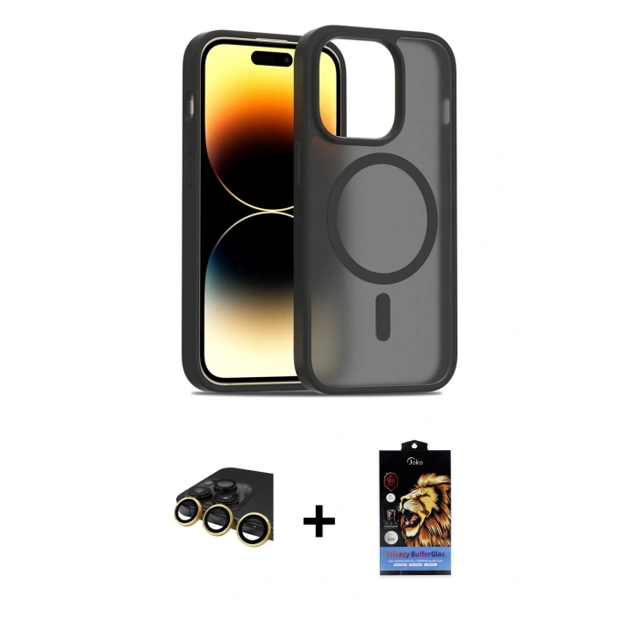 MARSİLYAN™- iPhone 14 Pro Kılıf Siluet Minimal Prime - Siyah Buffer Hayalet Cam Ekran Koruyucu + Raze Metal Kamera Lens - GD