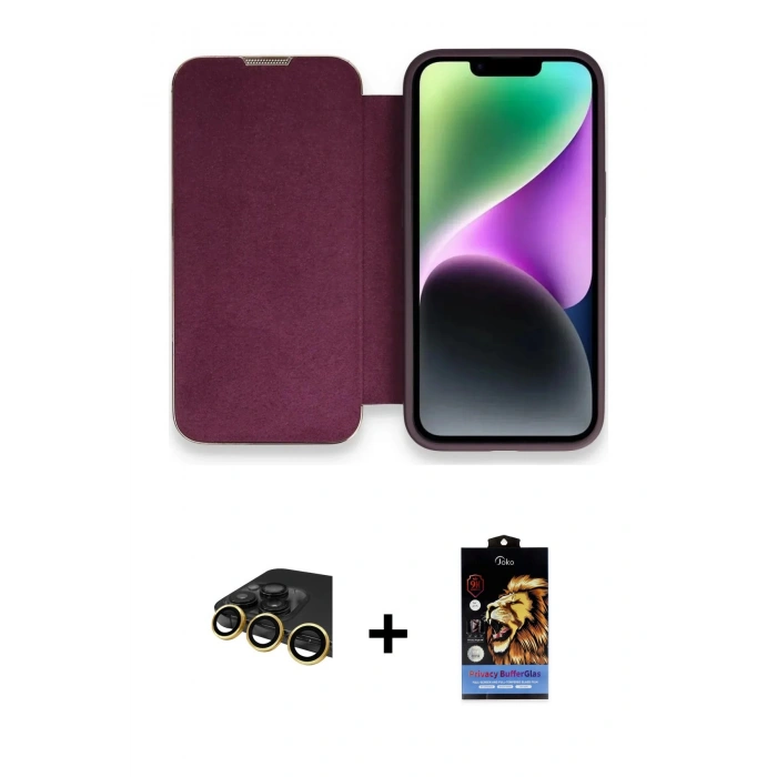 MARSİLYAN™- iPhone 14 Pro Kılıf Siluet Minimal Serisi - Siyah Buffer Hayalet Cam Ekran Koruyucu + Gold Raze Metal Kamera Lens