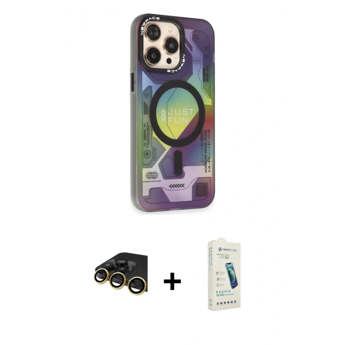 MARSİLYAN™- iPhone 14 Pro Kılıf Siluet Modern Koleksiyonu - Şeffaf Pasifik Cam Ekran Koruyucu + Raze Metal Kamera Lens - GD