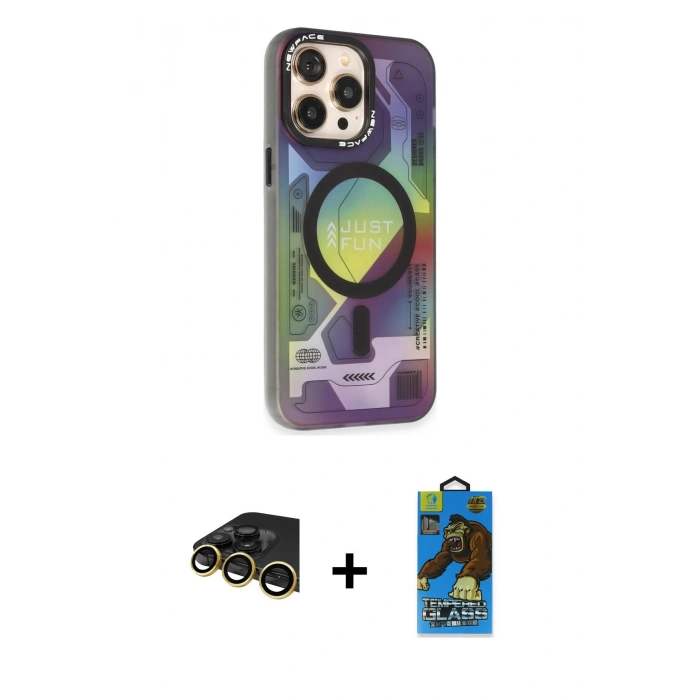 MARSİLYAN™- iPhone 14 Pro Kılıf Siluet Modern Koleksiyonu - Siyah 18D Cam Ekran Koruyucu + Raze Metal Kamera Lens - GD