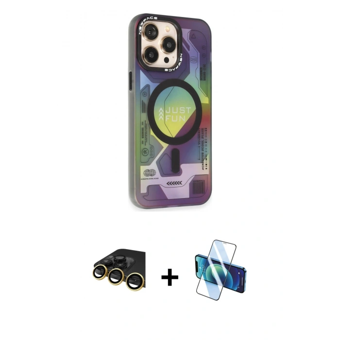 MARSİLYAN™- iPhone 14 Pro Kılıf Siluet Modern Koleksiyonu - Siyah 3D Antistatik Cam Ekran Koruyucu + Raze Metal Kamera Lens - GD