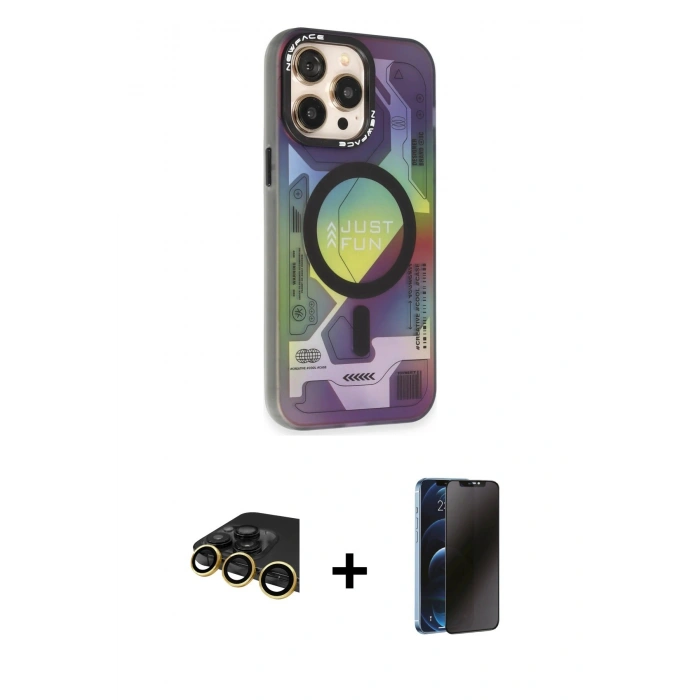 MARSİLYAN™- iPhone 14 Pro Kılıf Siluet Modern Koleksiyonu - Siyah 3D Antistatik Hayalet Cam Ekran Koruyucu + Gold Raze Metal Kamera Lens