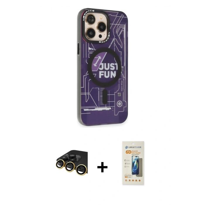 MARSİLYAN™- iPhone 14 Pro Kılıf Siluet Modern Koleksiyonu - Siyah 6D Mat Seramik Hayalet Nano Ekran Koruyucu + Gold Raze Metal Kamera Lens