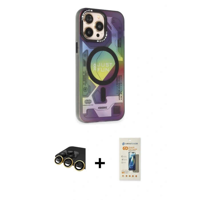 MARSİLYAN™- iPhone 14 Pro Kılıf Siluet Modern Koleksiyonu - Siyah 6D Mat Seramik Hayalet Nano Ekran Koruyucu + Gold Raze Metal Kamera Lens