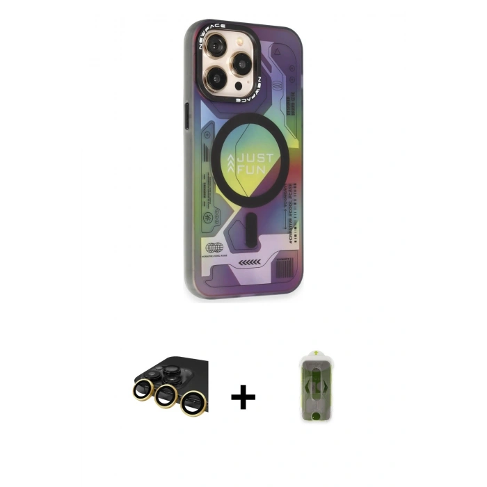 MARSİLYAN™- iPhone 14 Pro Kılıf Siluet Modern Koleksiyonu - Siyah Joko Magic 5D Hayalet Cam + Gold Raze Metal Kamera Lens