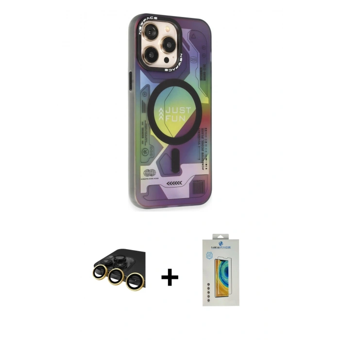 MARSİLYAN™- iPhone 14 Pro Kılıf Siluet Modern Koleksiyonu - Siyah Polymer Nano Ekran Koruyucu + Gold Raze Metal Kamera Lens