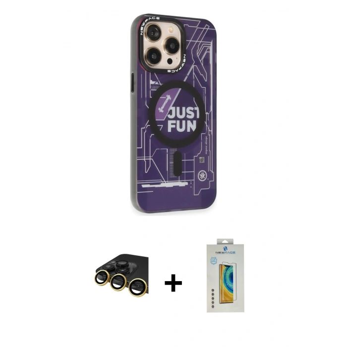 MARSİLYAN™- iPhone 14 Pro Kılıf Siluet Modern Koleksiyonu - Siyah Polymer Nano Ekran Koruyucu + Gold Raze Metal Kamera Lens