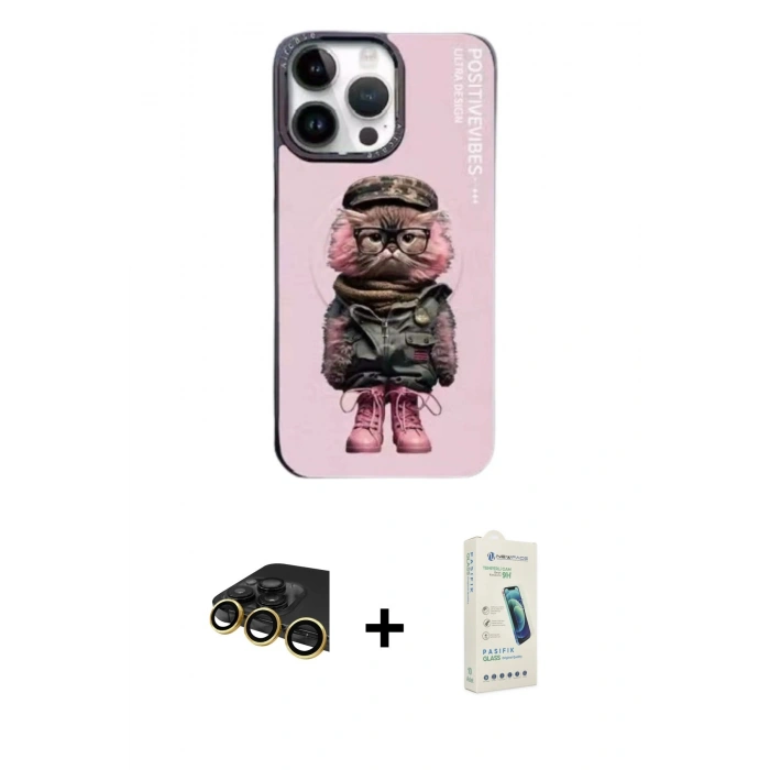 MARSİLYAN™- iPhone 14 Pro Kılıf Siluet Modern Özel Seri - Şeffaf Pasifik Cam Ekran Koruyucu + Gold Raze Metal Kamera Lens