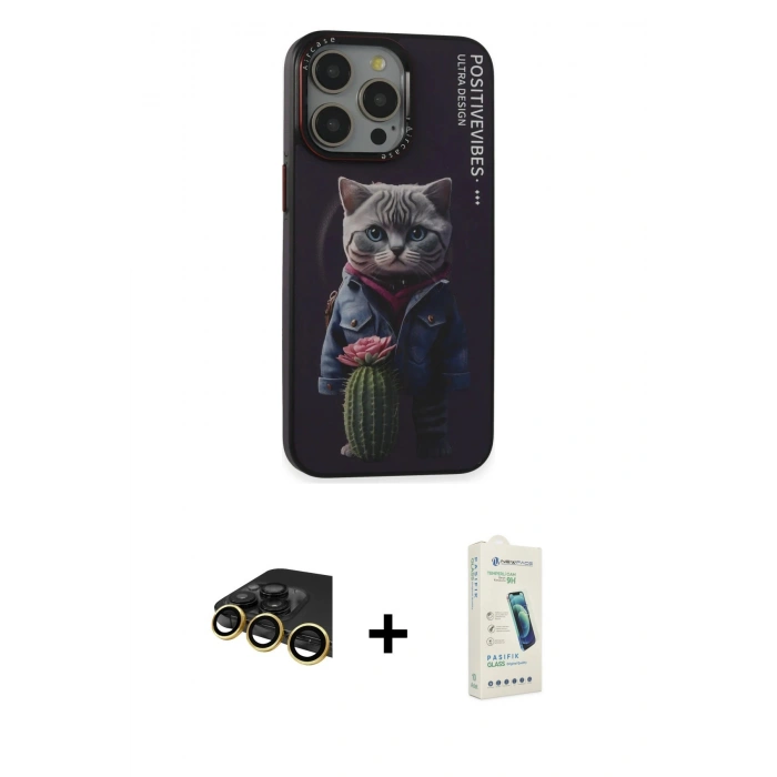 MARSİLYAN™- iPhone 14 Pro Kılıf Siluet Modern Özel Seri - Şeffaf Pasifik Cam Ekran Koruyucu + Gold Raze Metal Kamera Lens