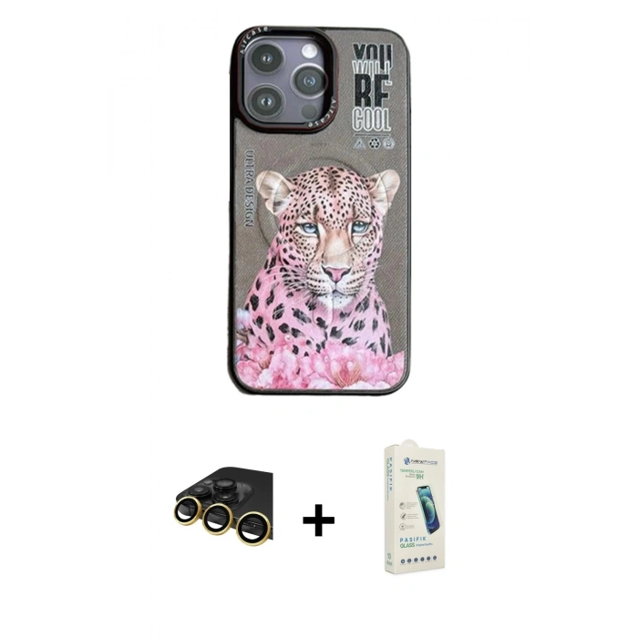 MARSİLYAN™- iPhone 14 Pro Kılıf Siluet Modern Özel Seri - Şeffaf Pasifik Cam Ekran Koruyucu + Gold Raze Metal Kamera Lens