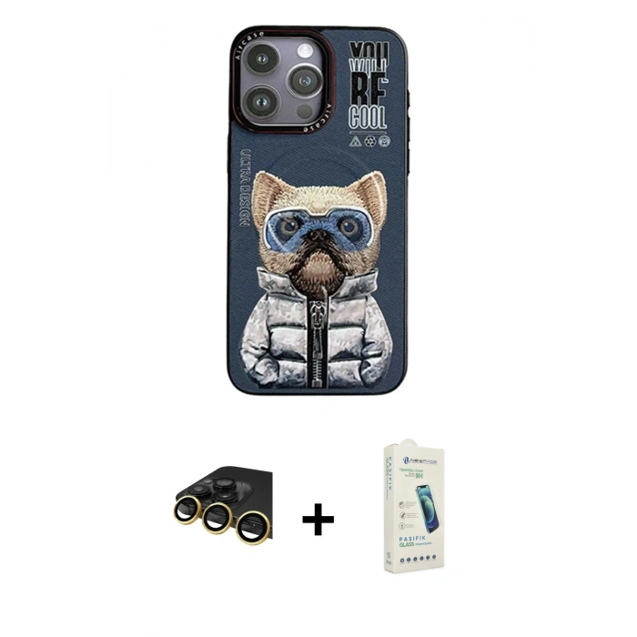 MARSİLYAN™- iPhone 14 Pro Kılıf Siluet Modern Özel Seri - Şeffaf Pasifik Cam Ekran Koruyucu + Gold Raze Metal Kamera Lens