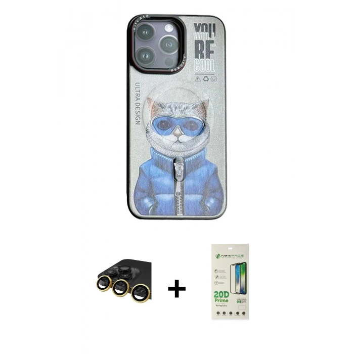 MARSİLYAN™- iPhone 14 Pro Kılıf Siluet Modern Özel Seri - Siyah 20D Premium Cam Ekran Koruyucu + Raze Metal Kamera Lens - GD
