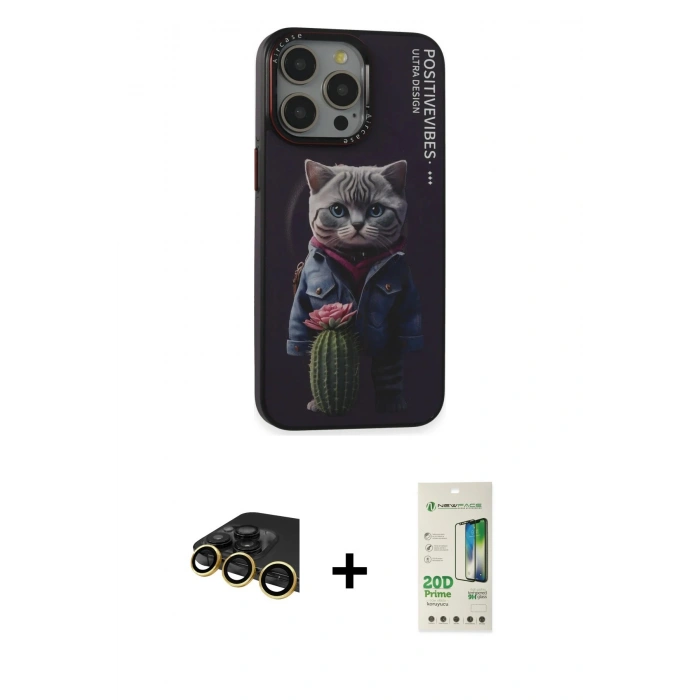 MARSİLYAN™- iPhone 14 Pro Kılıf Siluet Modern Özel Seri - Siyah 20D Premium Cam Ekran Koruyucu + Raze Metal Kamera Lens - GD