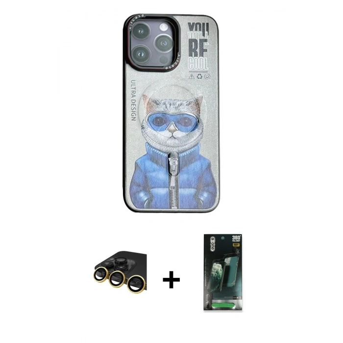 MARSİLYAN™- iPhone 14 Pro Kılıf Siluet Modern Özel Seri - Siyah 360 Mat Full Body Arka Koruyucu + Raze Metal Kamera Lens - GD