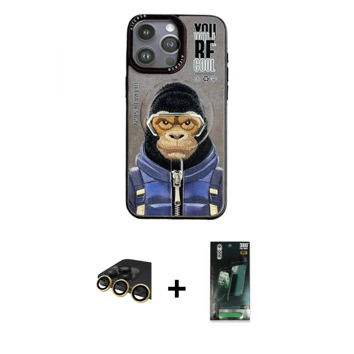MARSİLYAN™- iPhone 14 Pro Kılıf Siluet Modern Özel Seri - Siyah 360 Mat Full Body Arka Koruyucu + Raze Metal Kamera Lens - GD