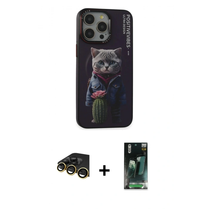 MARSİLYAN™- iPhone 14 Pro Kılıf Siluet Modern Özel Seri - Siyah 360 Mat Full Body Arka Koruyucu + Raze Metal Kamera Lens - GD