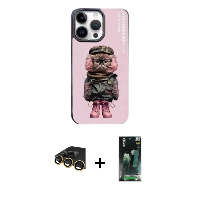 MARSİLYAN™- iPhone 14 Pro Kılıf Siluet Modern Özel Seri - Siyah 360 Mat Full Body Arka Koruyucu + Raze Metal Kamera Lens - GD