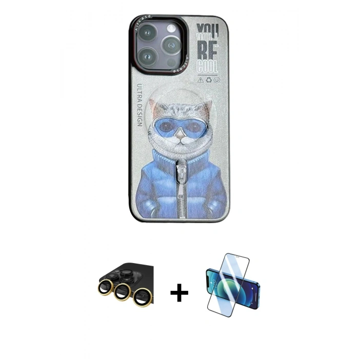 MARSİLYAN™- iPhone 14 Pro Kılıf Siluet Modern Özel Seri - Siyah 3D Antistatik Cam Ekran Koruyucu + Raze Metal Kamera Lens - GD