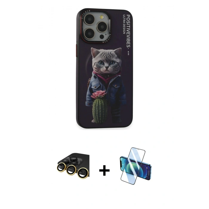 MARSİLYAN™- iPhone 14 Pro Kılıf Siluet Modern Özel Seri - Siyah 3D Antistatik Cam Ekran Koruyucu + Raze Metal Kamera Lens - GD
