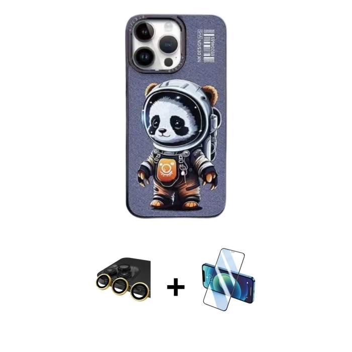 MARSİLYAN™- iPhone 14 Pro Kılıf Siluet Modern Özel Seri - Siyah 3D Antistatik Cam Ekran Koruyucu + Raze Metal Kamera Lens - GD