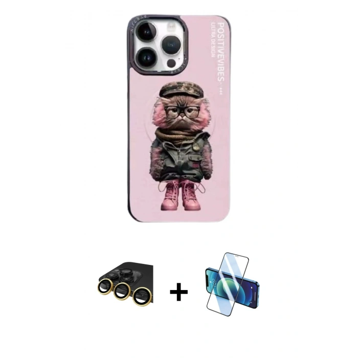 MARSİLYAN™- iPhone 14 Pro Kılıf Siluet Modern Özel Seri - Siyah 3D Antistatik Cam Ekran Koruyucu + Raze Metal Kamera Lens - GD