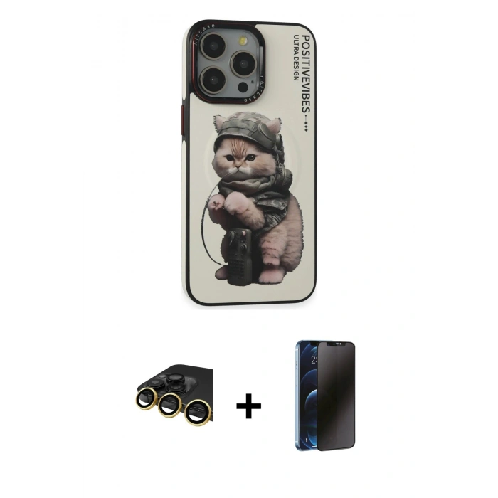 MARSİLYAN™- iPhone 14 Pro Kılıf Siluet Modern Özel Seri - Siyah 3D Antistatik Hayalet Cam Ekran Koruyucu + Raze Metal Kamera Lens - GD
