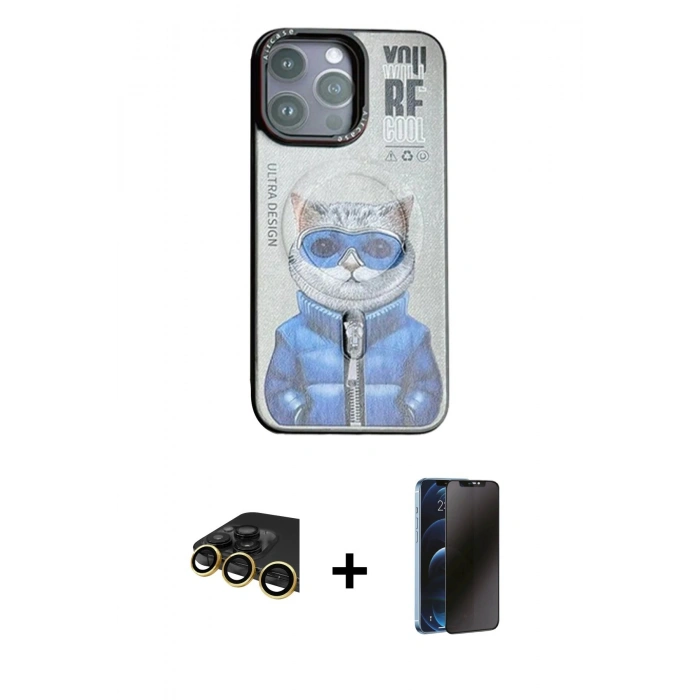 MARSİLYAN™- iPhone 14 Pro Kılıf Siluet Modern Özel Seri - Siyah 3D Antistatik Hayalet Cam Ekran Koruyucu + Raze Metal Kamera Lens - GD