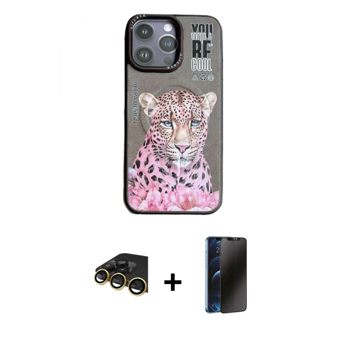 MARSİLYAN™- iPhone 14 Pro Kılıf Siluet Modern Özel Seri - Siyah 3D Antistatik Hayalet Cam Ekran Koruyucu + Raze Metal Kamera Lens - GD
