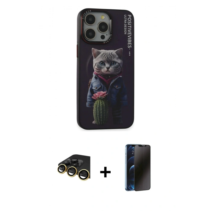 MARSİLYAN™- iPhone 14 Pro Kılıf Siluet Modern Özel Seri - Siyah 3D Antistatik Hayalet Cam Ekran Koruyucu + Raze Metal Kamera Lens - GD