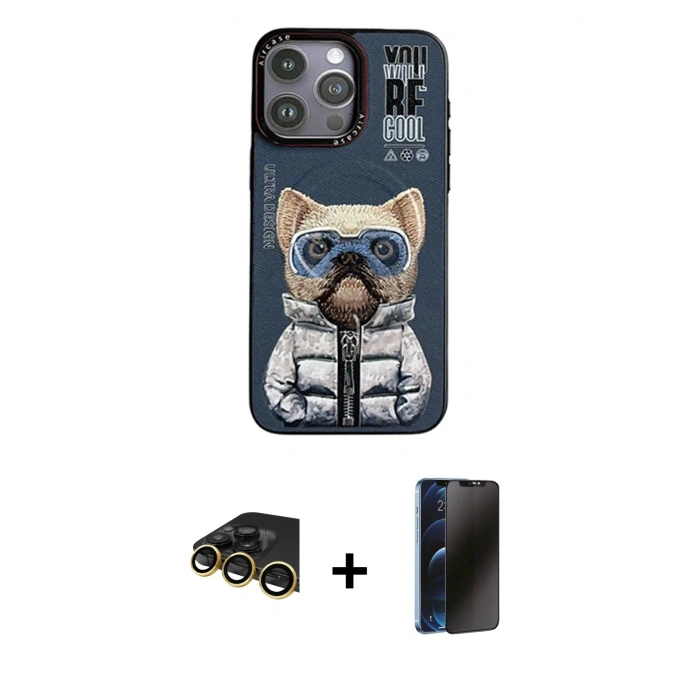 MARSİLYAN™- iPhone 14 Pro Kılıf Siluet Modern Özel Seri - Siyah 3D Antistatik Hayalet Cam Ekran Koruyucu + Raze Metal Kamera Lens - GD
