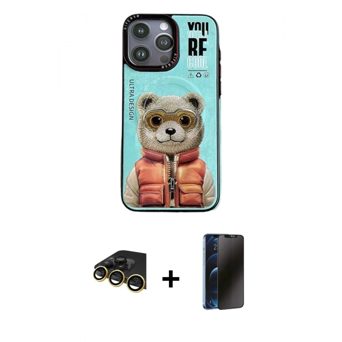 MARSİLYAN™- iPhone 14 Pro Kılıf Siluet Modern Özel Seri - Siyah 3D Antistatik Hayalet Cam Ekran Koruyucu + Raze Metal Kamera Lens - GD
