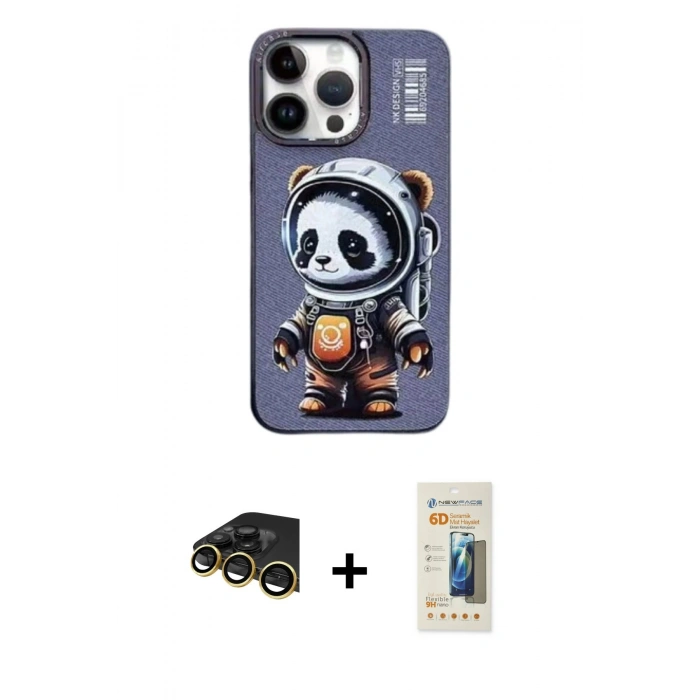 MARSİLYAN™- iPhone 14 Pro Kılıf Siluet Modern Özel Seri - Siyah 6D Mat Seramik Hayalet Nano Ekran Koruyucu + Gold Raze Metal Kamera Lens