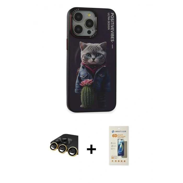 MARSİLYAN™- iPhone 14 Pro Kılıf Siluet Modern Özel Seri - Siyah 6D Mat Seramik Hayalet Nano Ekran Koruyucu + Gold Raze Metal Kamera Lens