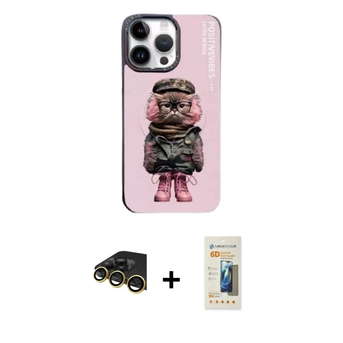 MARSİLYAN™- iPhone 14 Pro Kılıf Siluet Modern Özel Seri - Siyah 6D Mat Seramik Hayalet Nano Ekran Koruyucu + Gold Raze Metal Kamera Lens