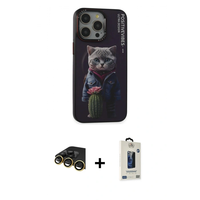 MARSİLYAN™- iPhone 14 Pro Kılıf Siluet Modern Özel Seri - Siyah Bilvis Hayalet Cam Ekran Koruyucu + Raze Metal Kamera Lens - GD