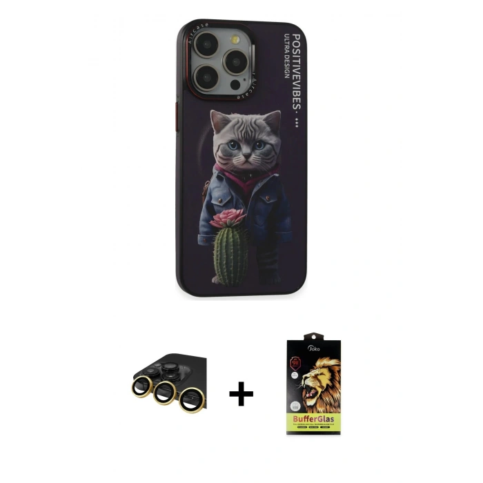 MARSİLYAN™- iPhone 14 Pro Kılıf Siluet Modern Özel Seri - Siyah Buffer Cam Ekran Koruyucu + Raze Metal Kamera Lens - GD