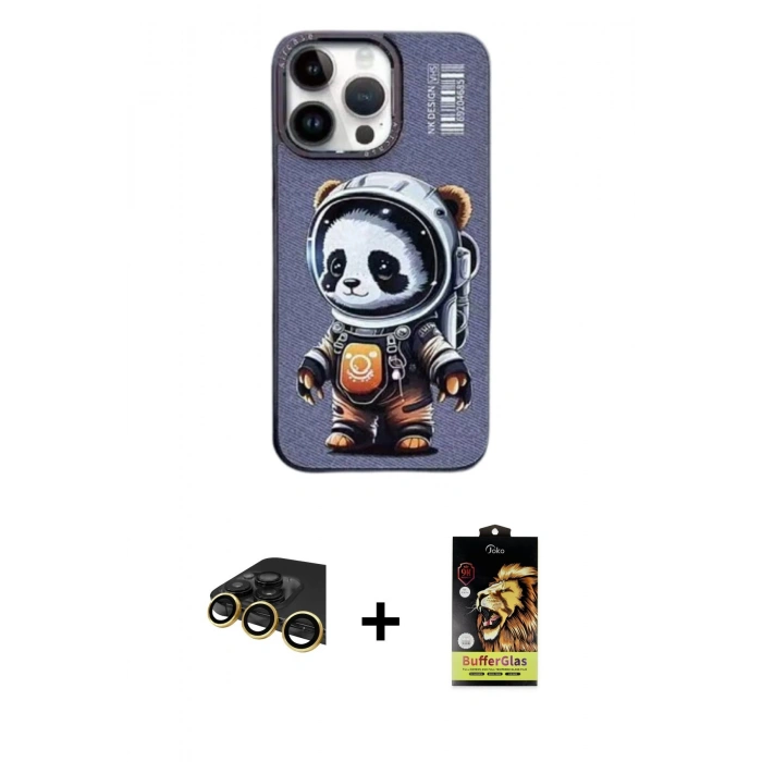 MARSİLYAN™- iPhone 14 Pro Kılıf Siluet Modern Özel Seri - Siyah Buffer Cam Ekran Koruyucu + Raze Metal Kamera Lens - GD