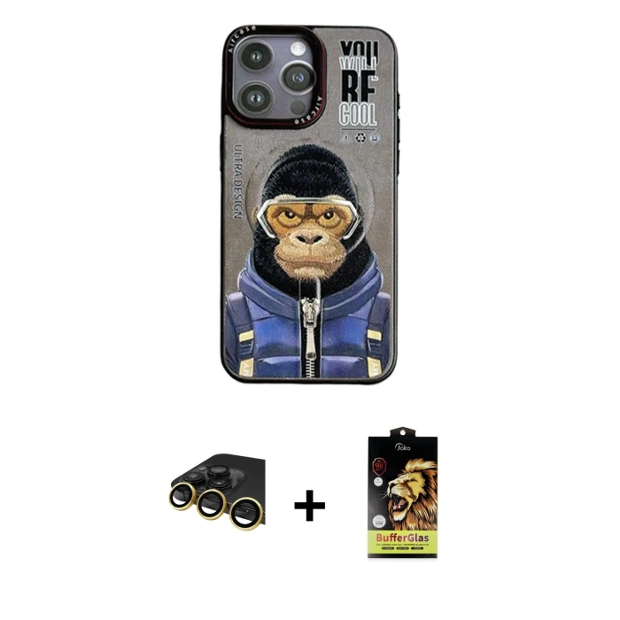 MARSİLYAN™- iPhone 14 Pro Kılıf Siluet Modern Özel Seri - Siyah Buffer Cam Ekran Koruyucu + Raze Metal Kamera Lens - GD