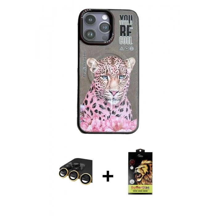 MARSİLYAN™- iPhone 14 Pro Kılıf Siluet Modern Özel Seri - Siyah Buffer Cam Ekran Koruyucu + Raze Metal Kamera Lens - GD