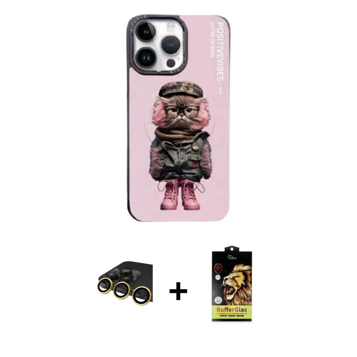 MARSİLYAN™- iPhone 14 Pro Kılıf Siluet Modern Özel Seri - Siyah Buffer Cam Ekran Koruyucu + Raze Metal Kamera Lens - GD
