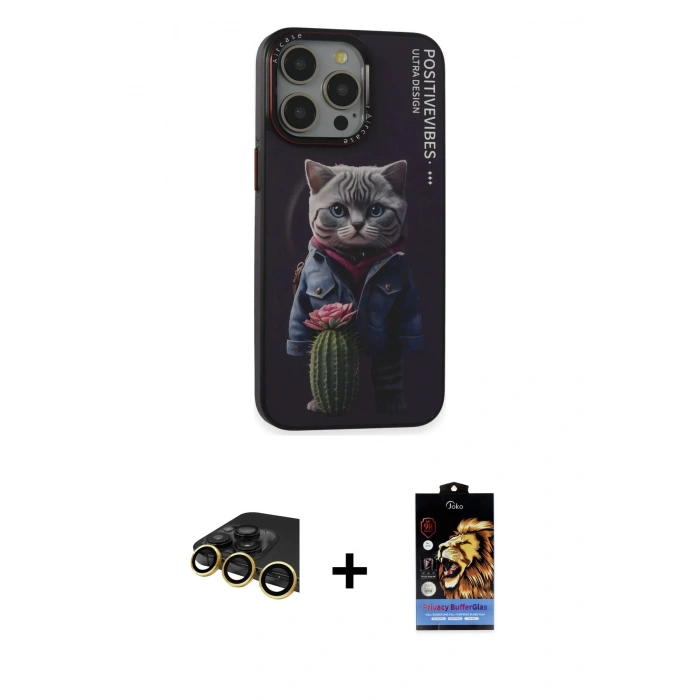 MARSİLYAN™- iPhone 14 Pro Kılıf Siluet Modern Özel Seri - Siyah Buffer Hayalet Cam Ekran Koruyucu + Raze Metal Kamera Lens - GD