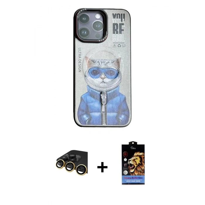 MARSİLYAN™- iPhone 14 Pro Kılıf Siluet Modern Özel Seri - Siyah Buffer Hayalet Cam Ekran Koruyucu + Raze Metal Kamera Lens - GD