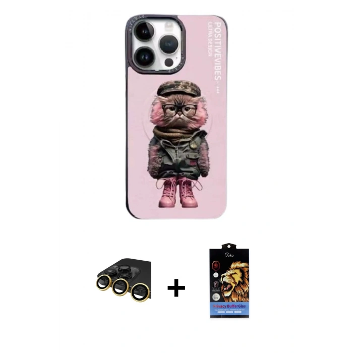 MARSİLYAN™- iPhone 14 Pro Kılıf Siluet Modern Özel Seri - Siyah Buffer Hayalet Cam Ekran Koruyucu + Raze Metal Kamera Lens - GD