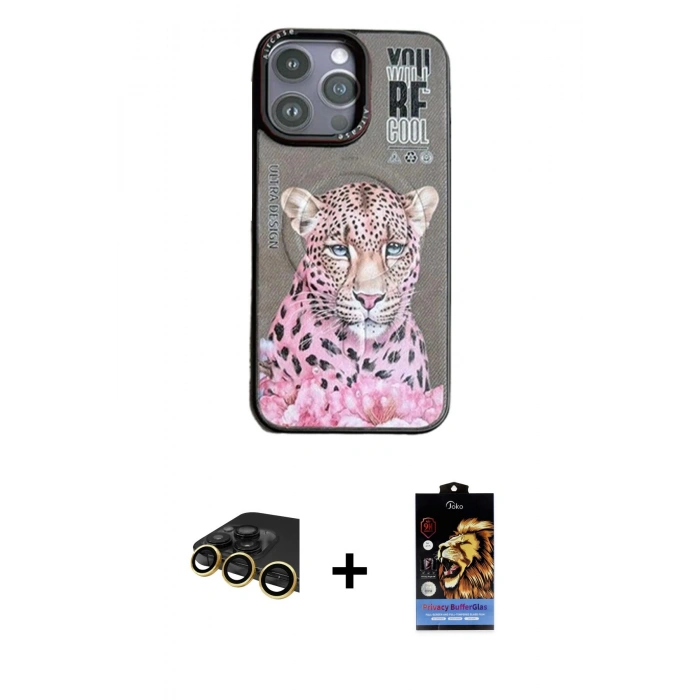 MARSİLYAN™- iPhone 14 Pro Kılıf Siluet Modern Özel Seri - Siyah Buffer Hayalet Cam Ekran Koruyucu + Raze Metal Kamera Lens - GD
