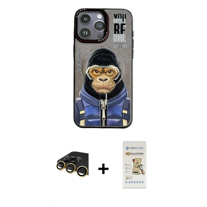 MARSİLYAN™- iPhone 14 Pro Kılıf Siluet Modern Özel Seri - Siyah Mat Seramik Nano Ekran Koruyucu + Raze Metal Kamera Lens - GD