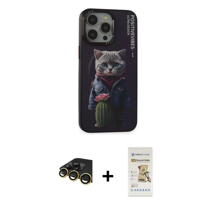 MARSİLYAN™- iPhone 14 Pro Kılıf Siluet Modern Özel Seri - Siyah Mat Seramik Nano Ekran Koruyucu + Raze Metal Kamera Lens - GD
