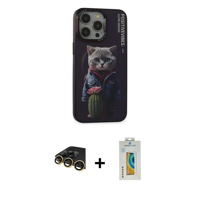 MARSİLYAN™- iPhone 14 Pro Kılıf Siluet Modern Özel Seri - Siyah Polymer Nano Ekran Koruyucu + Raze Metal Kamera Lens - GD
