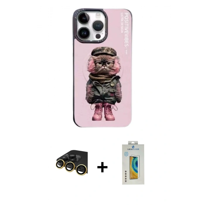 MARSİLYAN™- iPhone 14 Pro Kılıf Siluet Modern Özel Seri - Siyah Polymer Nano Ekran Koruyucu + Raze Metal Kamera Lens - GD