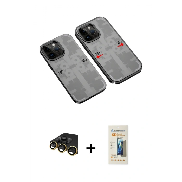 MARSİLYAN™- iPhone 14 Pro Kılıf Ufuk Doku Prime - Siyah 6D Mat Seramik Hayalet Nano Ekran Koruyucu + Raze Metal Kamera Lens - GD