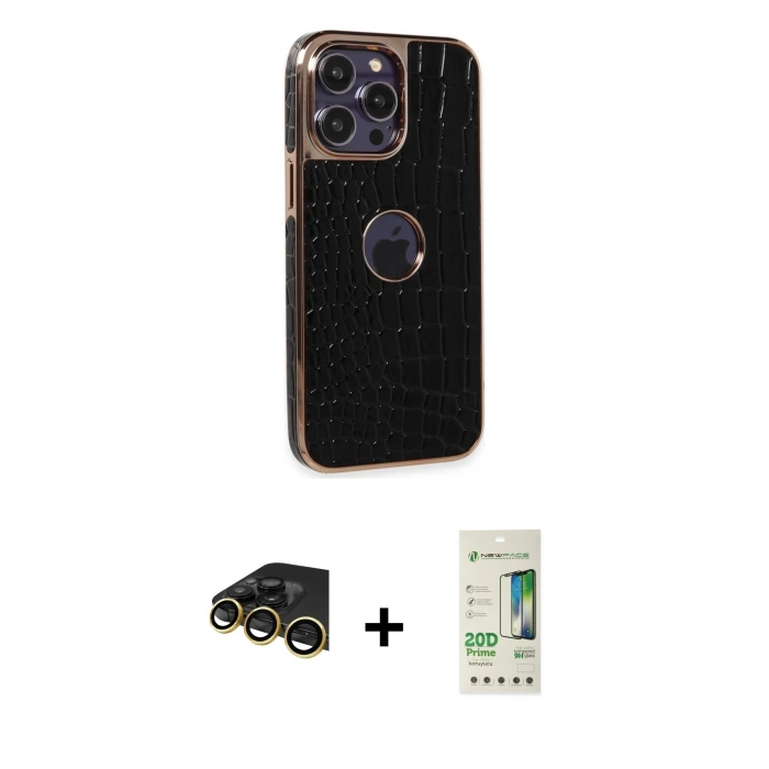 MARSİLYAN™- iPhone 14 Pro Kılıf Ufuk Form Prime - Siyah 20D Premium Cam Ekran Koruyucu + Raze Metal Kamera Lens - GD